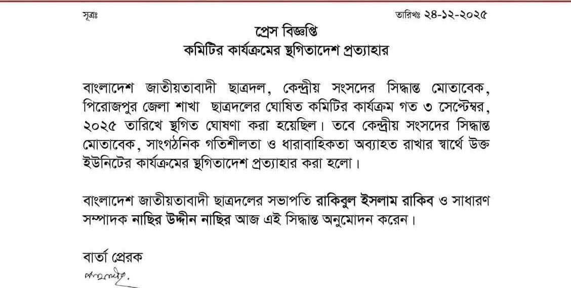 পিরোজপুর জেলা ছাত্রদলের স্থগিতাদেশ প্রত্যাহার